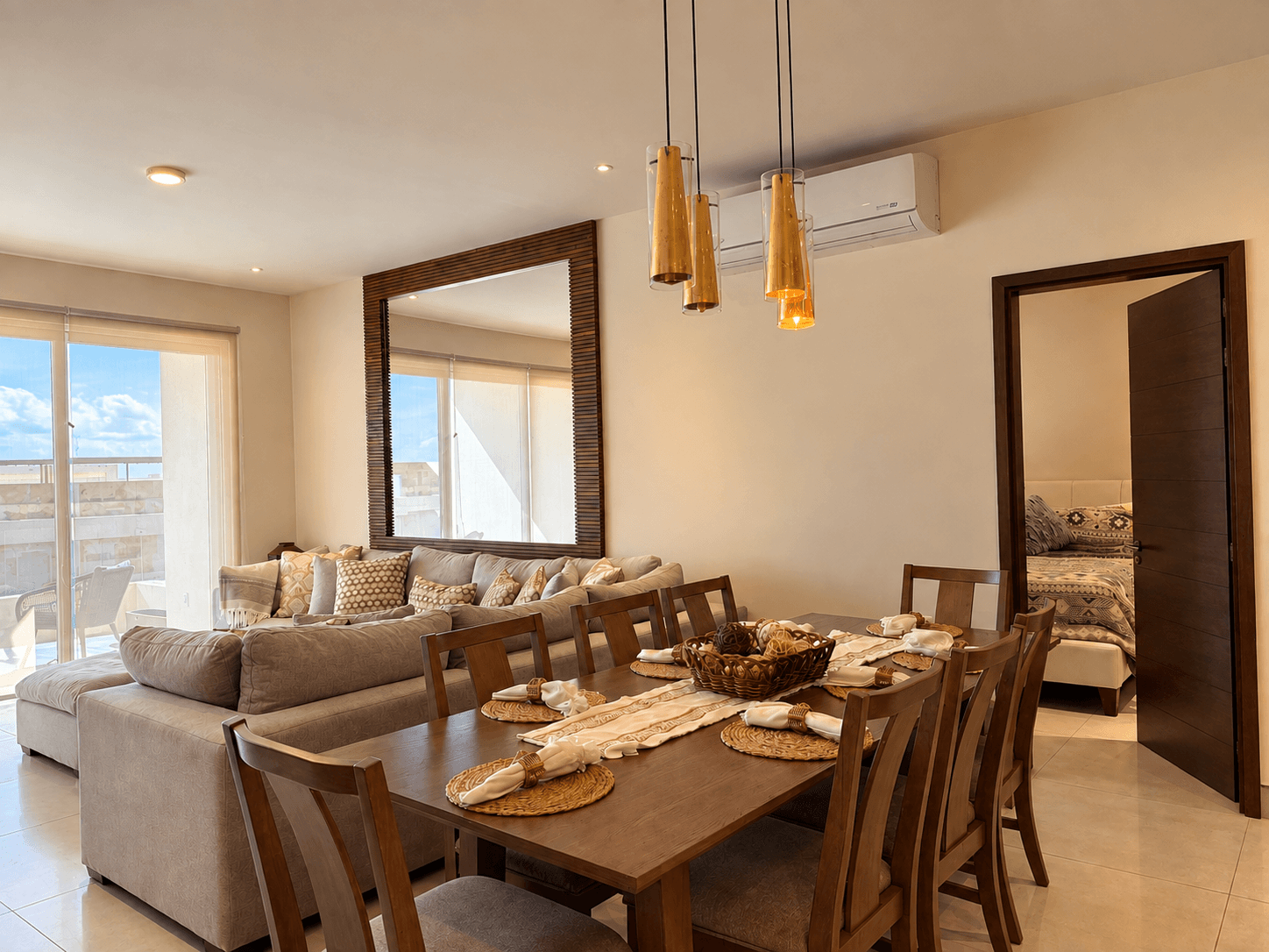 Dining area for six with integrated living room.