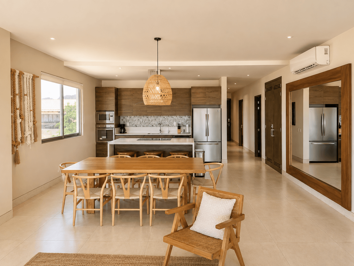 Dining area with modern kitchen.